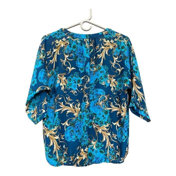 New York & Company 7th Avenue Women’s Small Blue & Gold V-Neck Blouse - Picture 6 of 6